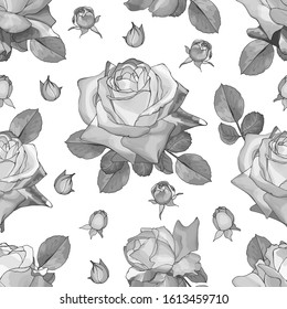 Gray monochrome seamless floral pattern with flowers roses and leaves on white background.Hand drawn.For design textile, wallpapers, wrapping paper, prints. Watercolor style.Vector stock illustration.