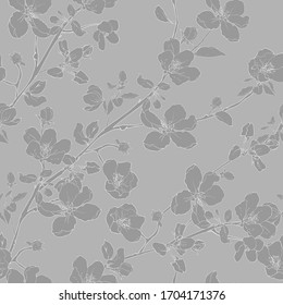 Gray monochrome seamless floral pattern of branch with flowers cherry or apple, buds, leaves. Hand drawn. Vintage. Vector stock illustration.