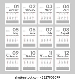 Gray Monochrome Simple Monthly 2024 Calendar Template for Print
