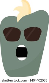 Gray monster with sunglasses, mouth open wide, with white hair, vector, color drawing or illustration. 