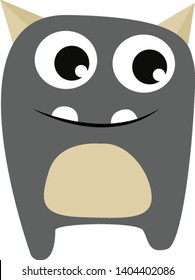 Gray monster with two horns, two teeth, big eyes, vector, color drawing or illustration. 
