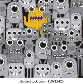 gray monsters with one yellow monster background. vector illustration