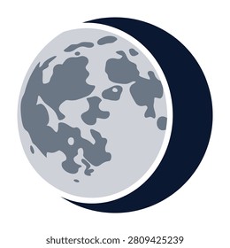 Gray moon illustration with dark side visible, lunar surface details in shades of gray on white background, crescent shape