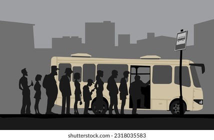 Mañana gris en las afueras de la ciudad. La gente sube a un autobús urbano. Imagen vectorial para impresiones, afiches e ilustraciones.