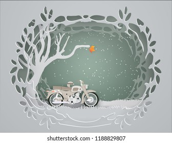 Gray motorcycle Parked under dry trees in winter season,illustration and paper craft style.