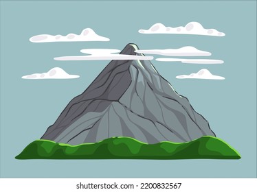 A gray mountain with clouds and a forest. Illustration on an isolated background.