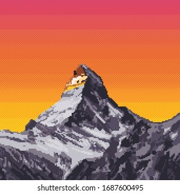 Gray mountain during sunset on a bright orange background. 8 bit pixel art illustration. Cute landscape for mobile application. Retro nature for video games.