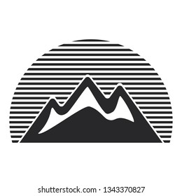 Gray mountains icon, travel symbol. Mountain in stripe circle