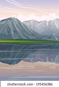 Gray mountains with reflection in the calm lake on a sunrise sky. Nature vector landscape.