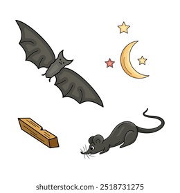 Gray mouse and bat vector illustration. Moon, month, yellow stars. Night dwellers. Rodents, vampire mouse with fangs. Isolated images, design elements for theme animals, witchcraft, Halloween.