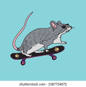 Gray mouse character in sunglasses on skateboard with cats skulls, hand drawn doodle, sketch, vector color illustration