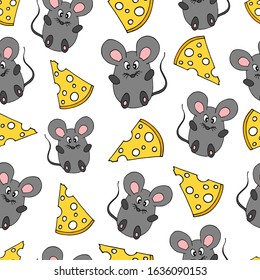 Gray mouse and cheese doodle cartoon hand drawn seamless pattern on white background