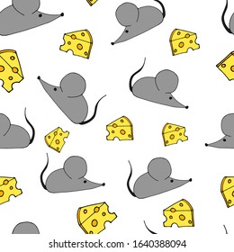 Gray mouse and cheese doodle cartoon hand drawn seamless pattern on white background