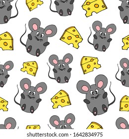 Gray mouse and cheese doodle cartoon hand drawn seamless pattern on white background