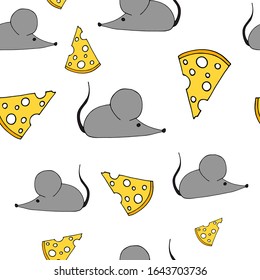 Graue Maus und Käsedoodle-Cartoon, handgezeichnet, nahtlos auf weißem Hintergrund