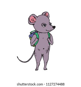Gray mouse with green school bag on shoulders, hand drawn doodle, sketch, vector color illustration