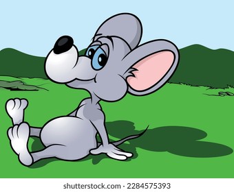 The Gray Mouse Leaning Back on its Paws and Sits on the Floor - Colored Cartoon Illustration with Background, Vector