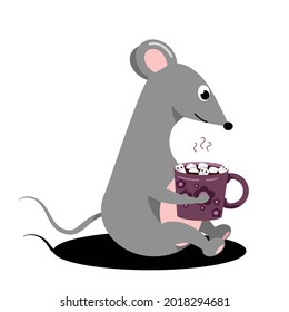 gray mouse with a mug of warm cocoa and small marshmallows