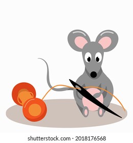 gray mouse with a needle and a spool of yellow thread