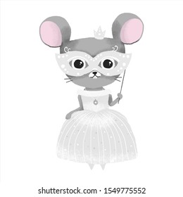 gray mouse princess in dress and mask, Happy New Year 2020 congratulation vector 