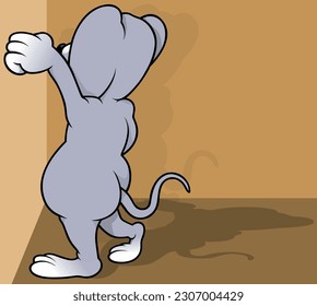 Gray Mouse from Profile with a Raised Paw - Colored Cartoon Illustration with Background, Vector