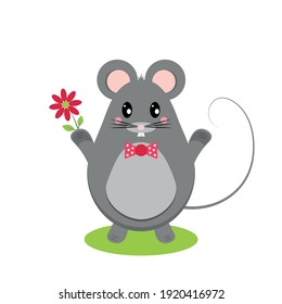 Gray mouse or rat in the shape of an egg, with a chamomile flower, on a green lawn. Vector illustration in a flat style.