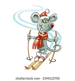 gray mouse in a red hat, red scarf 
and white boots goes skiing