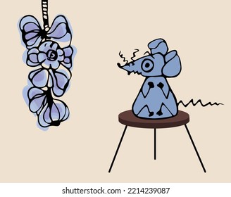 The gray mouse sits on a chair and is afraid of garlic. Emotional baby illustration in color doodle style vector