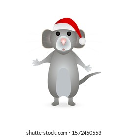 Gray mouse symbol of the new year 2020 in a Santa Claus hat on a white