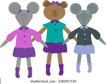 Gray mouse and Teddy bear.Cartoon cute animals. Posters, greeting cards, headlines, book illustration, calendars, website.Vector illustration.