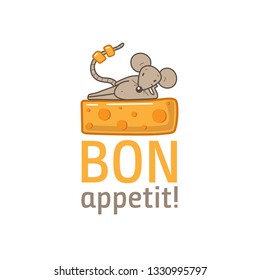 gray mouse with yellow cheese. character and sticker for baby background. enjoy your meal