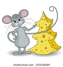 gray mouse with a yellow Christmas tree made of cheese on a white background. Vector