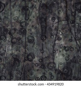 Gray, muddy texture. Freehand wavy lines, stylized leaves and feathers, circles. Shapeless spots.  Abstract seamless vector background. For fabric, printing, wrapping.