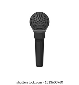 Gray musical microphone with chrome grid. Dynamic mic for karaoke. Sound recording equipment. Flat vector icon
