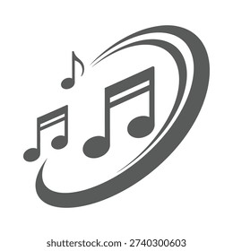 A gray musical note logo on a white background