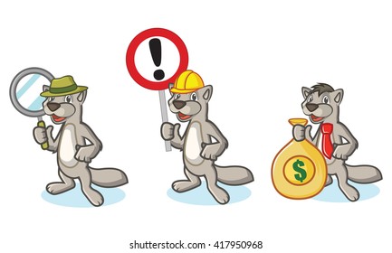Gray Mustela Mascot with money, sign and magnifying