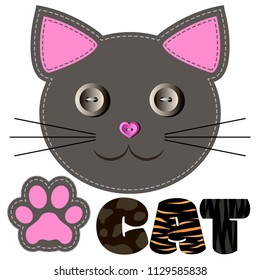 Сartoon gray muzzle of a cat with pink paws. Cheerful inscription cat. Vector illutration.