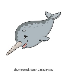 Gray narwhal. Cute flat vector illustration in childish cartoon style. Funny character. Isolated on white background