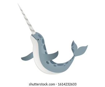 Gray narwhal(Monodon monoceros) toothed whale with tusk cartoon sea character design flat vector illustration isolated on white background