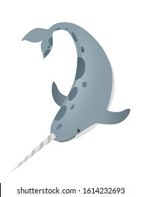 Gray narwhal(Monodon monoceros) toothed whale with tusk cartoon sea character design flat vector illustration isolated on white background