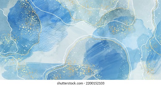 Gray navy liquid marble watercolor background with gold lines. Dusty cyan blue elegant modern canvas wallpaper with paint brush pattern. Vector illustration for wedding invitation, menu, rsvp.