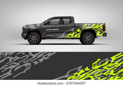 Gray and neon yellow pickup wrap featuring fragmented sharp patterns for a fast and aggressive offroad identity. Includes editable EPS vector file.