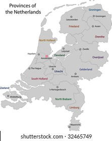 Gray Netherlands map with regions and main cities