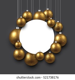 Gray New Year background with golden Christmas balls. Vector illustration.