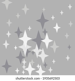 Gray New Year Cozy Four-pointed Night Pattern. Chaotic Black Mystery White Magic Illustration. Winter Grey Silver Monochrome Stars Wallpaper. Print Sky Holiday Christmas Dark Wallpaper.