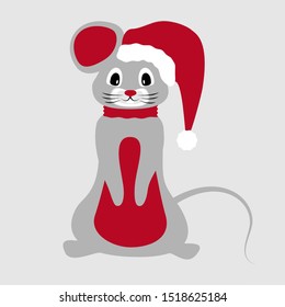 Gray New Year`s Christmas mouse with red hat and scarf, vector illustration