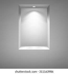 Nicho gris para presentaciones con luz iluminada. Dibujado con herramienta de malla. Ilustración vectorial totalmente ajustable y escalable.