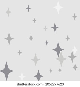 Gray Night Dark Cozy White Background. Silver Mystery Stars Holiday Monochrome Composition. Magic Grey Sky Four-pointed Black Ornament. Chaotic New Year Christmas Winter Print Background.