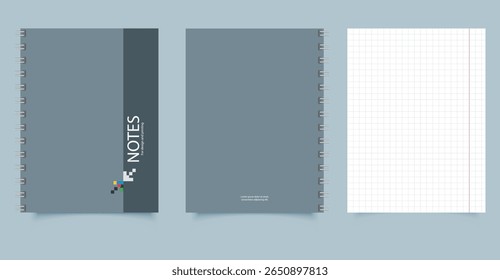 Gray notebook with squared pages for notes. Editable file