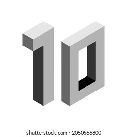 Gris número 10 en estilo isométrico. Aislado sobre fondo blanco. Números de aprendizaje, número de serie, precio, lugar. Ilustración del vector